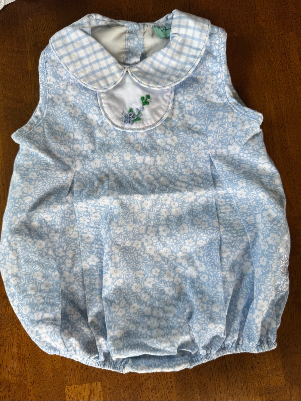 Baby Girls Blue Floral Bubble Romper with Embroidered Collar